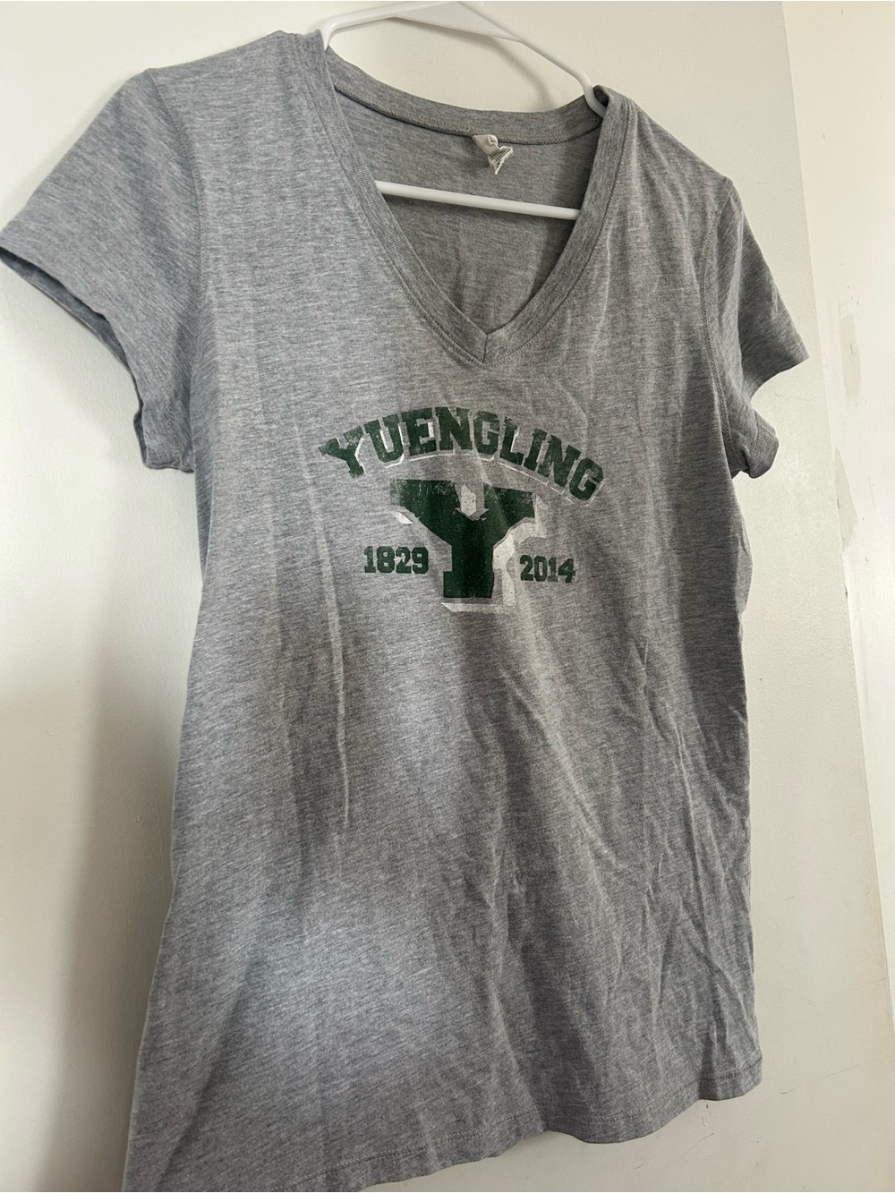 Gray V-Neck Tee with Green Yuengling Logo